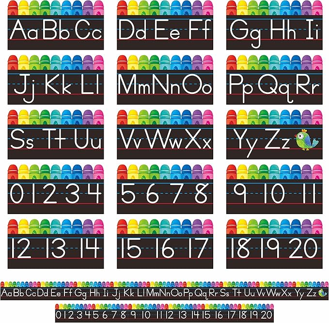Alphabet Bulletin Board Set, 15 PCS Crayon Die-Cut ABC Wall Decorations 26 Upper & Lower Case Letters Plus 0-20 Numbers for Preschool, Kindergarten Classroom Playroom Bedroom Decorations