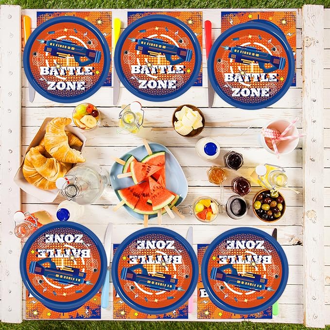 48Pcs Dart War Paper Plates and Napkins Dart War Party Decorations Blue and Orange Birthday Party Supplies Battle Video Game Disposable Tableware Set for Kids Boys' Birthday Baby Shower Serves 24