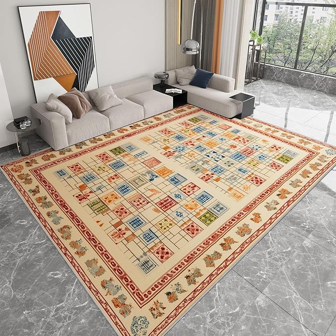 Geometric Washable Rugs 8×12ft Chessboard Kids Play Mat, Rectangular Snake Ladder Non Slip Low-Pile Floor Carpet for Nursery Kids Girls Boys Room Living Room Dinning Room Bedroom Decor