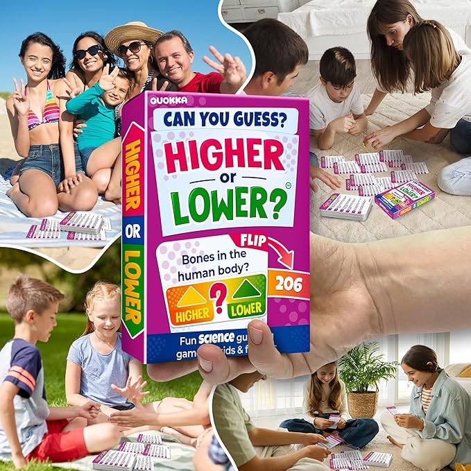 QUOKKA Science Board Games for Kids and Adults – Family Board Games for Family Game Night – Higher or Lower Trivia Cards for Kids 8-12 – Guess Fun Questions – Educational Card Game for Families&Teens