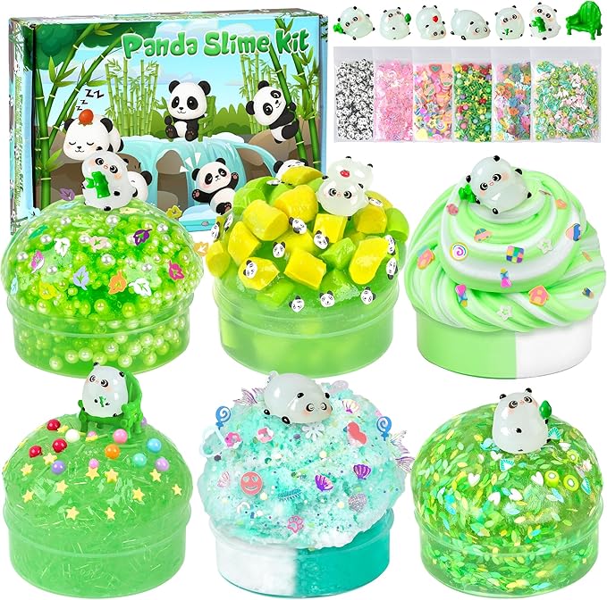 Panda Slime Kit 6×100ml, 20oz Total, Cloud, Butter, Clear & Glow in The Dark Slime Variety Pack for Kids & Adults, Stress Relief Sensory Toys, Fun Birthday Halloween