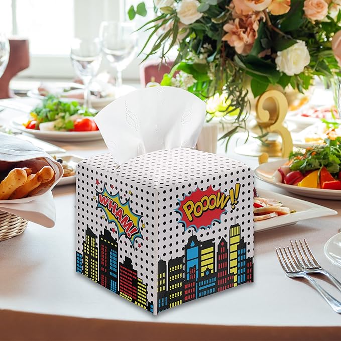 Superhero Comic Cityscape Square Leather Tissue Box Cover – Pow! Superhero Themed Facial Paper Organizer, for Kids & Superhero Fans, Decor for Bathroom, Party & Baby Shower