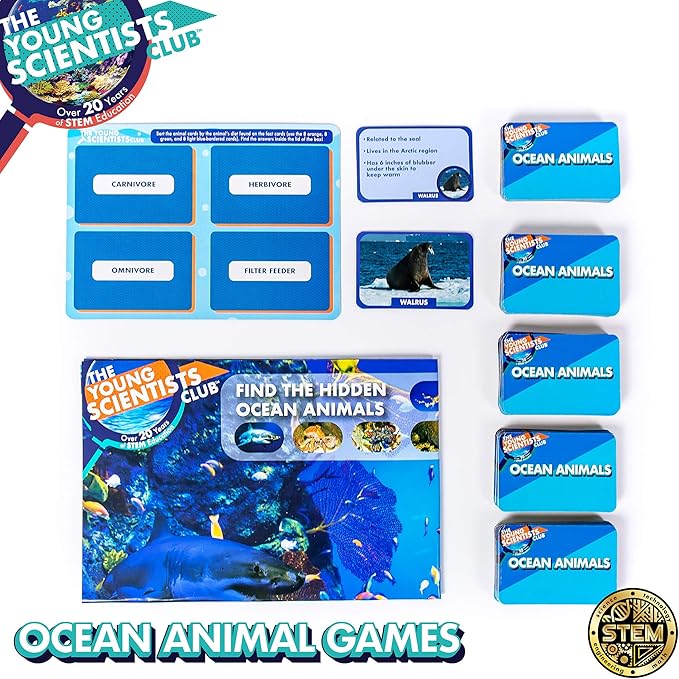 Young Scientist Ocean Animal Card Games - 4 in 1 Matching, Bingo, Memory, Trivia, Hands-On Educational STEM Fun for Age 5 and Up, Blue