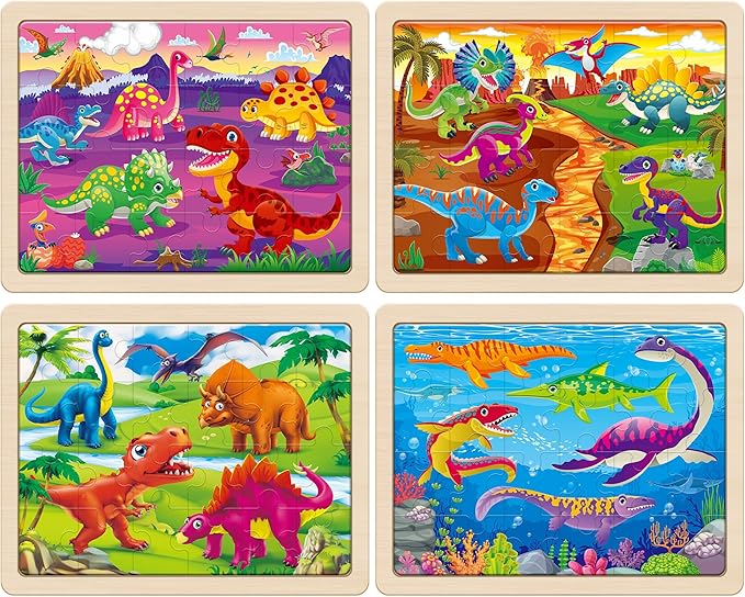 SYNARRY Large Wooden Dinosaur Puzzles for Toddlers 3-5, Wood Puzzles for Kids Ages 4-6, Dinosaur Toys for Kids 3-5, Preschool Educational Learning Toys, Easter Basket Stuffers for Boys Girls