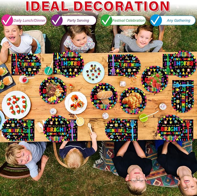 100PCS Back To School Decorations School Season Supplies Paper Plates Napkins Disposable Black Bottom Colorful Pattern Tableware Dinnerware for Student Birthday Picnic First Day of School Serves 25