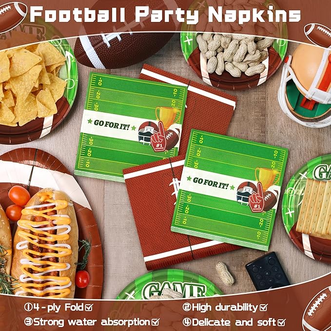 99PCS Football Party Tableware Supplies,Set of 24 Football Plates Napkins Cups,11.8in Football Shaped Disposable Paper Plates,Banner and Touchdown Tablecloth for Birthday Gameday Tailgate Decoration