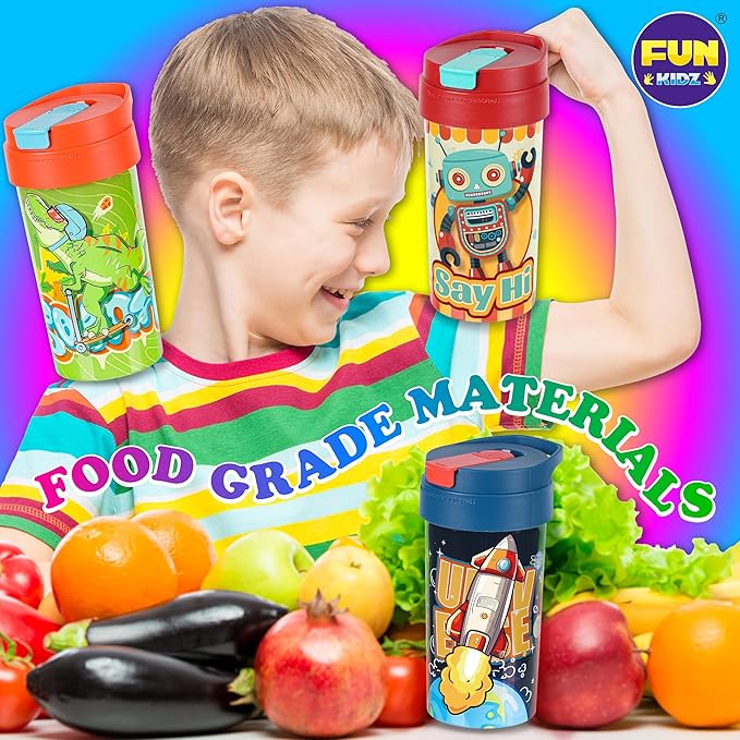 3 Packs Boy Designs 17oz Kids Water Bottle, Total My Style Spout Covered and Carry Handle Designed Lid Leak Proof BPA Free for Boys Ages 3+ Dishwasher Safe for Sports School Travel with Silicone Straw