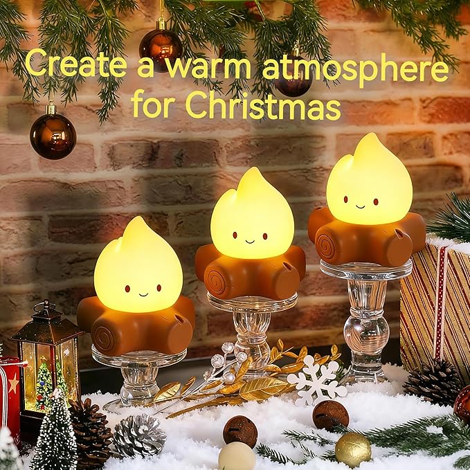 3 Pcs Campfire Night Light, Rechargeable Flame Lamp with 5 White Noise, Dimmable Flameless Candles Lights, Portable LED Ambiance Light for Camping Indoor Outdoor Holiday Decor Gifts