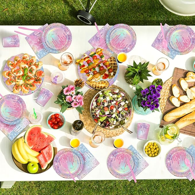 168Pcs Iridescent Birthday Party Supplies Pink Purple Pastel Colorful Diamond Plates and Napkins Cups Rainbow Tableware Set for Girls Bridal Baby Shower Sparkle Bachelorette Wedding Supplies Serve 24