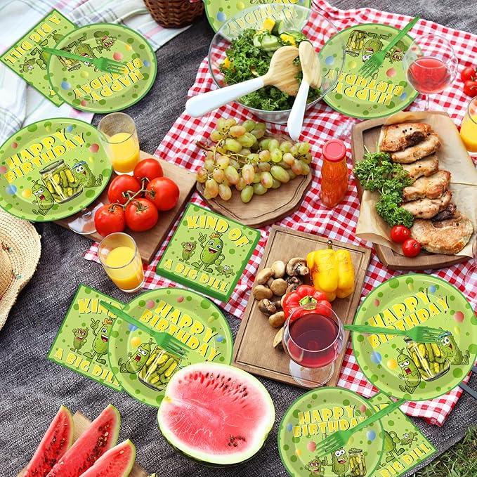 96pcs Funny Pickle Party Plates and Napkins for Kind of A Big Dill Birthday Party Supplies Dill Cucumber Themed Paper Dessert Plates Cartoon Pickle Tableware Set for Kids 24 Guests Table Decorations