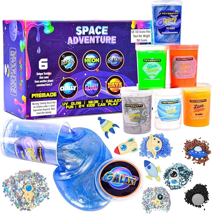 FINOCLAY Galaxy Slime Kit for Kids, 6 Pack Different Scented Strechy Metallic Slime with 15 Space Charms and Mixins, Glow Neon & Clear Putty Toy Set for Girls Boys, Space Adventure Party Toy