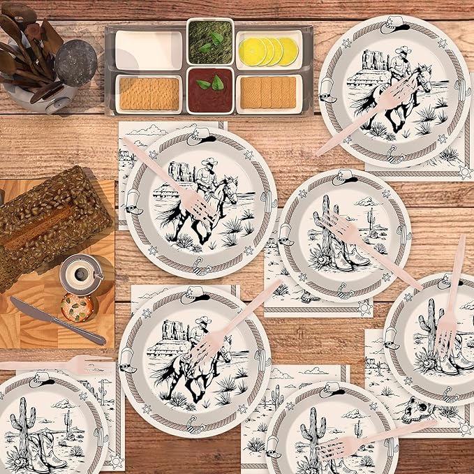 96Pcs Cowboy Party Plates and Napkins for Western Birthday Supplies First Rodeo Bachelorette Themed Paper Dessert Plates Cowboy Ranch Tableware Set for Kids Boys 24 Guests Birthday Party Decorations
