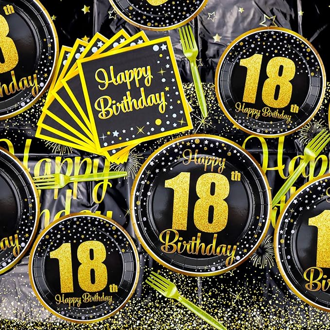 18th Birthday Decorations for Boys Girls - 81 Pcs Plates Napkins 18th Tablecloth Forks Set Black and Gold Party Decorations Serve 20