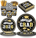 168 PCS Black Gold Graduation Party Supplies Serves 24 Guests, Disposable Tableware Set Plates Cups Napkins Cutlery Straws, School Student Graduation Birthday Decorations for Boys & Girls