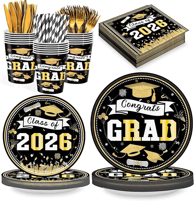 168 PCS Black Gold Graduation Party Supplies Serves 24 Guests, Disposable Tableware Set Plates Cups Napkins Cutlery Straws, School Student Graduation Birthday Decorations for Boys & Girls