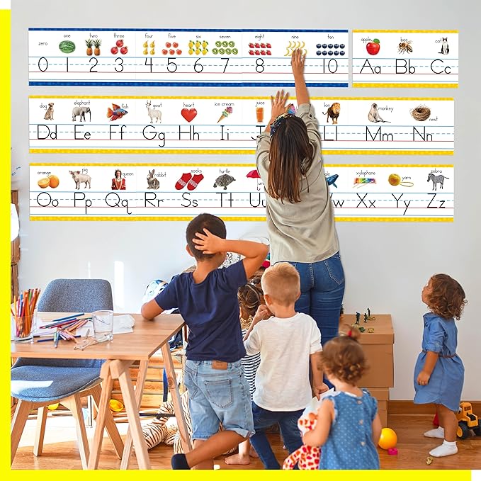 Alphabet & Number Line Bulletin Board Set, 12 PCS ABC & 123 Wall Decorations 26 Upper & Lower Case Letters Plus Numbers 0-10 for Preschool, Kindergarten Classroom Playroom Bedroom Decors