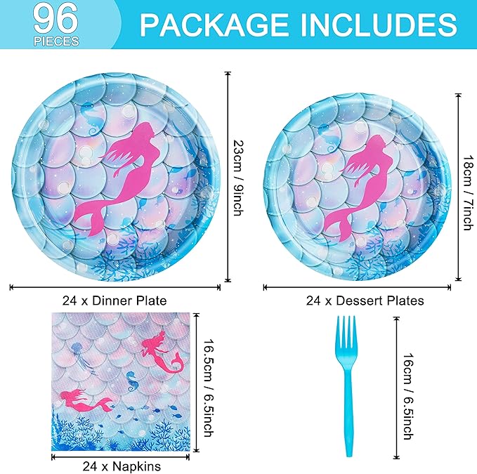 96 Pcs Mermaid Birthday Party Plates Napkins Forks Supplies Tableware Set Disposable Table Mermaid Theme Decoration for Girl Birthday Party or Baby Shower, Serves 24 Guests