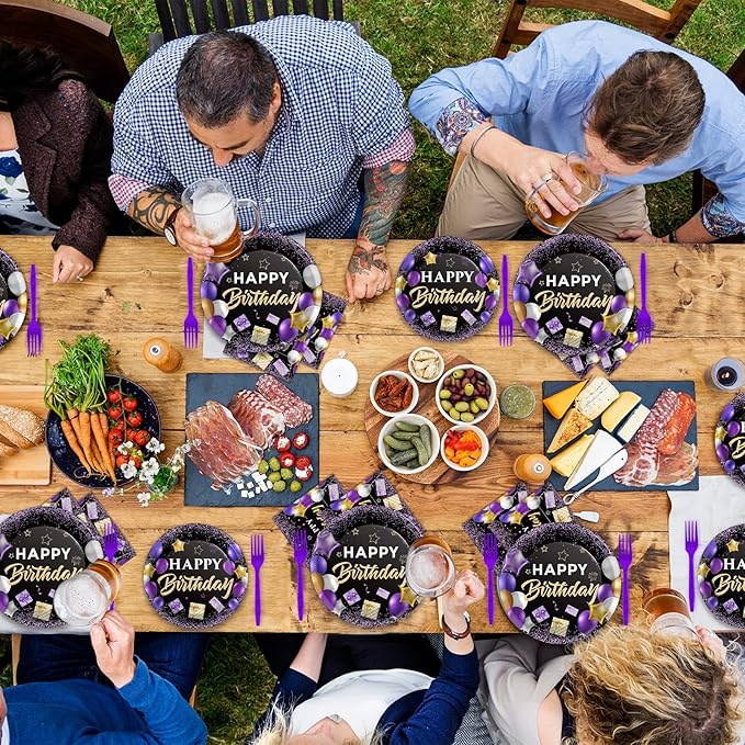 Wiooffen 96 Pcs Purple Birthday Party Plates Napkins Tableware Set - Purple and Black Happy Birthday Party Supplies Disposable Dinnerware for 24 Guests
