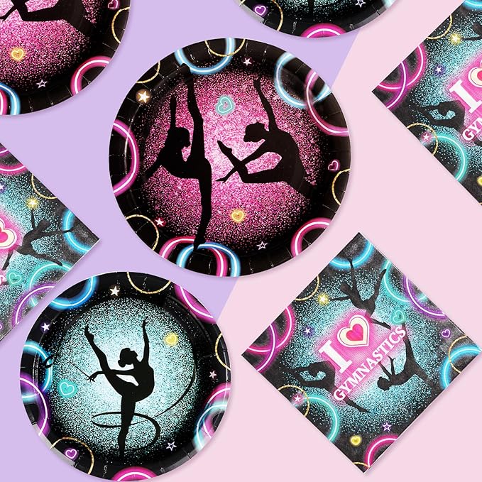 96Pcs Gymnastics Birthday Party Supplies Gymnastics Party Plates Disposable Paper Gymnastic Tableware Set for Girls Birthday Baby Shower Decorations, Serves 24