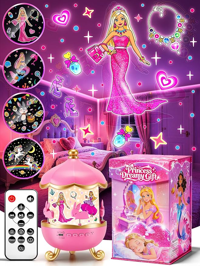 Princess Projector Toy, 【18 Films+15 White Noises】Princess Toys Sound Machine Baby, 360° Rotating Girls Night Light Birthday Gifts, Early Educational Princess Toys for Girl 4-6, Mermaid Toys for Girls