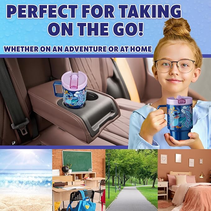 Get Trend Disney Stitch Kids Water Bottle with Straw 16.9 oz BPA Free Plastic Leakproof Cup with Lid Handle Reusable Drinking Tumbler Gifts for Kids (Blue Stitch)