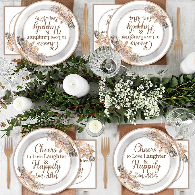 96Pcs Boho Bridal Shower Party Plates and Napkins for Bride Wedding Supplies Happily Ever After Themed Paper Dessert Plates Cheers to Love Tableware Set for 24 Guests Engagement Decorations