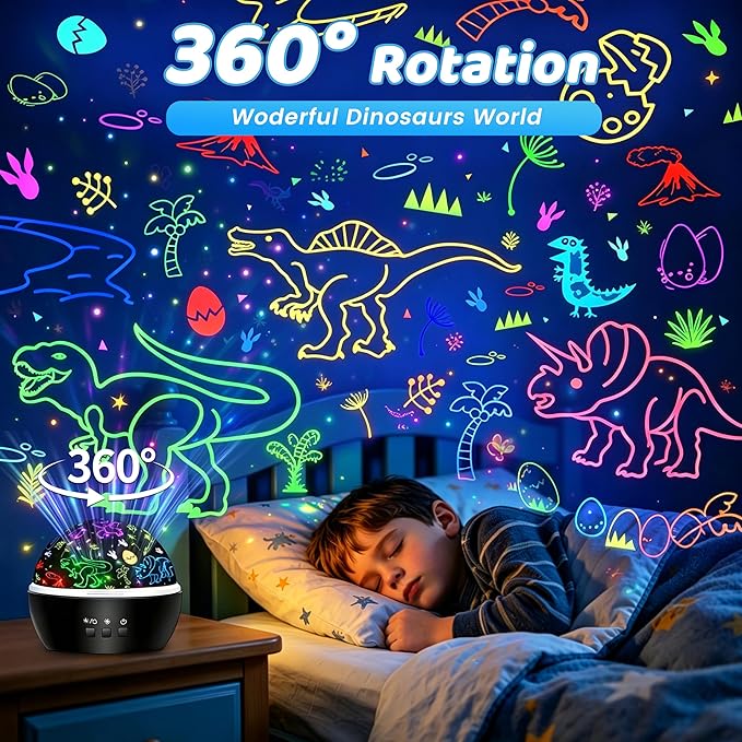 MINGKIDS Night Light for Kids,2 in 1 Rotating Projector Lamp with Dino&Vehicles Theme,2 Ways to Charge,Baby Night Light Ceiling Projector for Bedroom Kids Room Decor