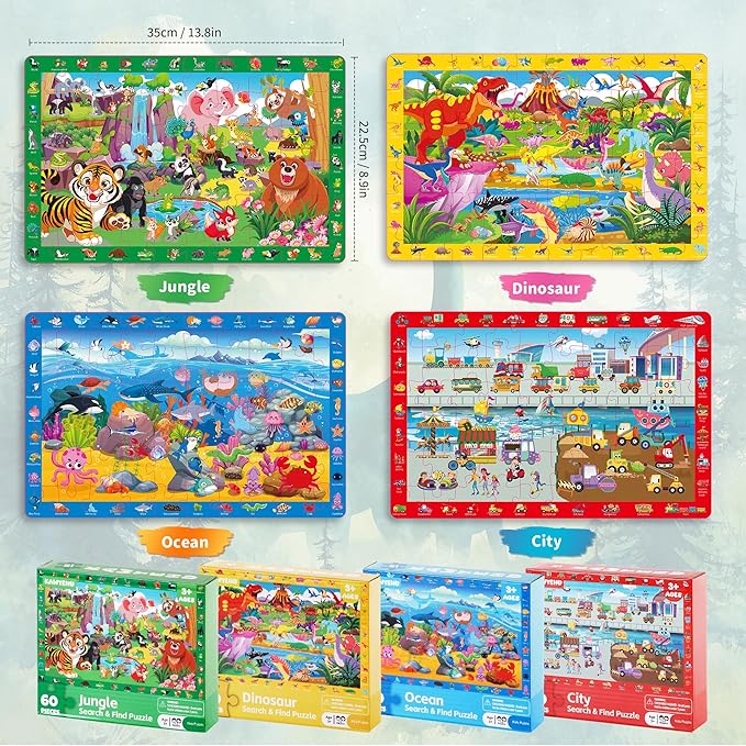 Puzzles for Kids Ages 4-6, 4 x 60 Piece Search and Find Puzzles for Kids Ages 3-5 Boys Girls, Educational Toys Gifts for 3-8 Year Old, Jungle Dinosaur Ocean City