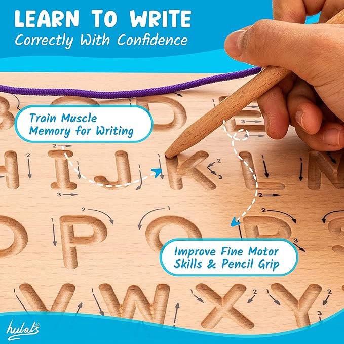 Hulats Learn to Write: Portable Wooden Alphabet Letter Tracing Sensory Pad Board - Toddler Writing Practice for Kids Age 3-5, Montessori Toys for 3+ Year Old, Letter Tracing for Kids 3-5 Writing Tools