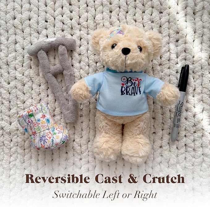 10" Broken Leg Bear with Adjustable Cast & Plush Crutch - Get Well Stuffed Animal for Kids. Knee Surgery Recovery Gifts for Teen - Teddy Bear with Broken Leg