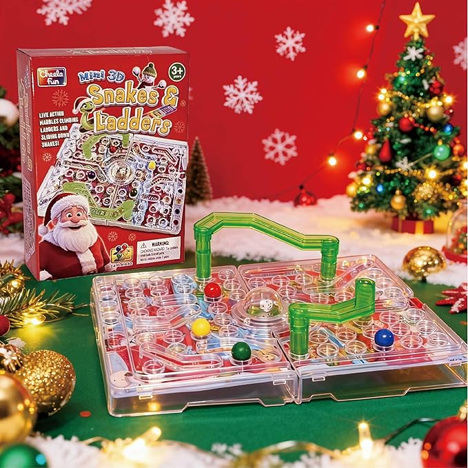 3D Snake & Ladders - Christmas Edition | Festive Foldable Board with 3D Plastic Ladders | Portable Travel Game, No Batteries Needed | Ideal Holiday Party Game for Family