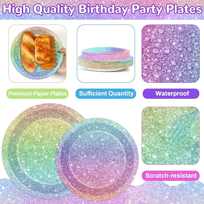 Rainbow Birthday Party Plates Napkins Forks Rainbow Glitter Tableware Set Happy Birthday Dinnerware Colorful Unicorn Glitter Supply for Kids Girls Women Princess Wedding Parties Decorations Serve 24