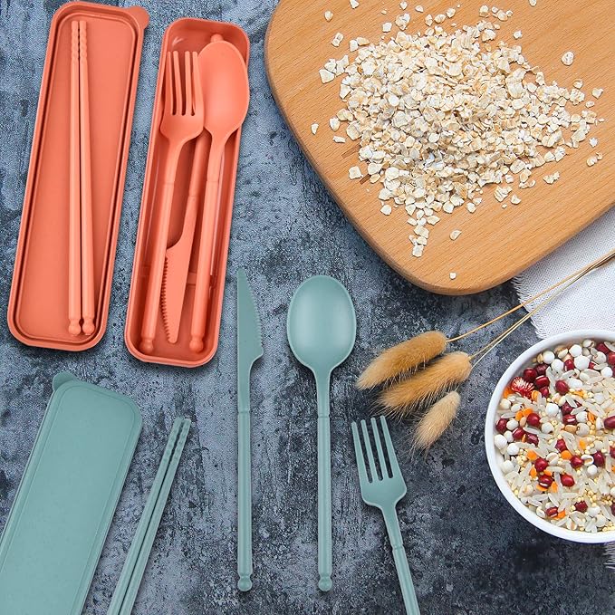 Camping Utensil Set, Reusable Utensils Set with Case, Plastic Cutlery Set Forks Spoon Tableware Chopsticks, Portable Cutlery Set for Travel Picnic Camping or Daily Use (Orange)