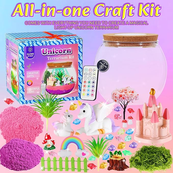 Gifmore Unicorn Light Up Terrarium Kit for Kids - LED Night Light Unicorn Birthday Gifts for Girls Ages 4 5 6 7 8-12, Unicorn Toys for Girls, Children's Arts and Crafts Kit