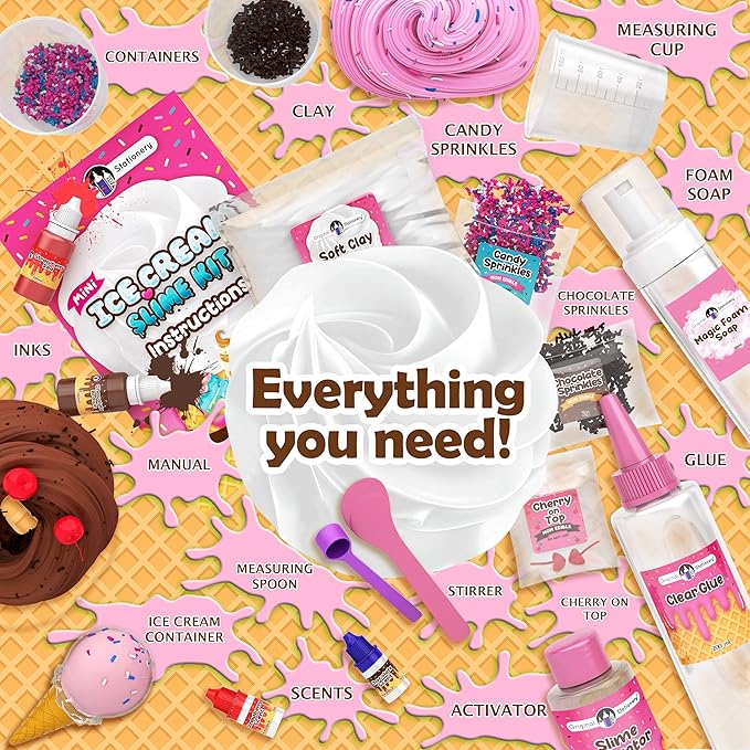 Original Stationery Mini Ice Cream Slime Kit for Girls & Boys Ages 7–12, DIY Slime Making Set with Sprinkles & Strawberry Scent, Fun Ice Cream Craft Toy, Birthday Gift for Kids
