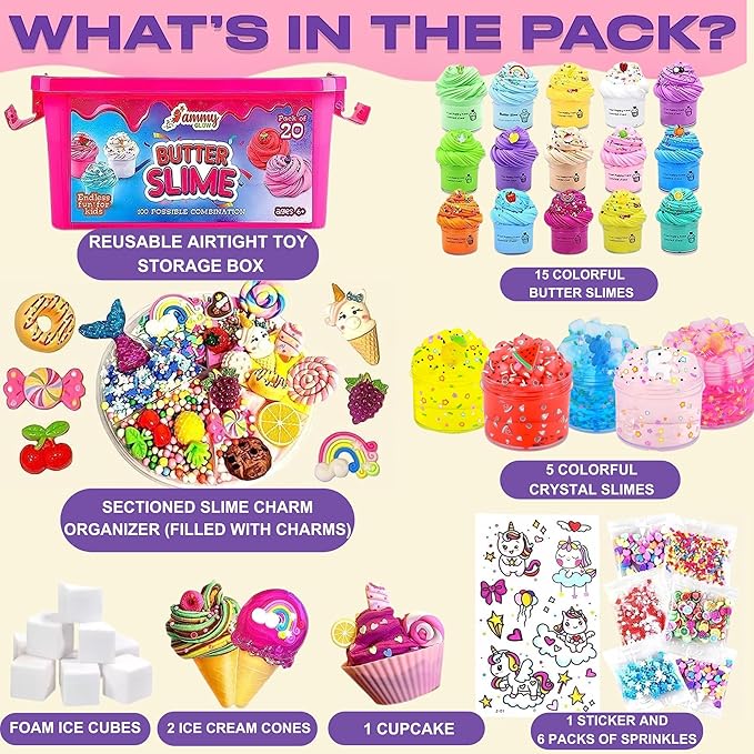 Jumbo Butter Slime Kit for Girls Ages 8-12 -49 Pcs-20 Colorful Slimes Including 15 Butter Slime & 5 Crystal Slimes, Charms Kit & More Accessories - Non Toxic, Non Sticky Slime for Kids - Sensory Toys