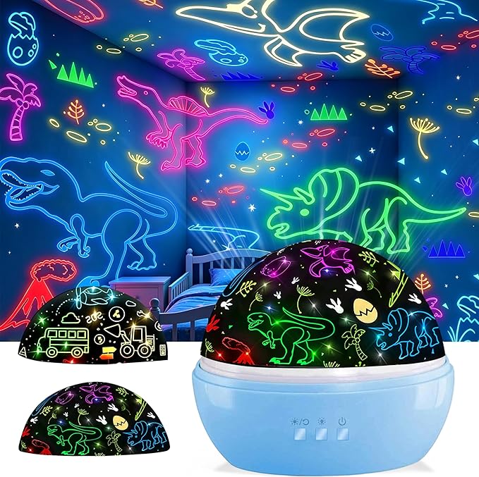 MINGKIDS Kids Night Lights for Bedroom,Project Dinosaurs and Vehicles on Wall or Ceiling,Room Lights for Baby Toddler,2 to 9 Year Old Gifts for Boys Girls