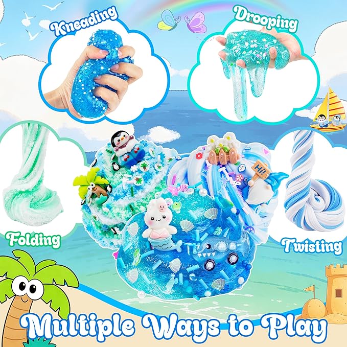 LAWOHO 6 Pack Blue Ocean Slime, Clear Butter Cloud Slime Kits for Girls Ages 8-12, Non-Stick Kids Slime Party Favor Toys with Add-Ins, Birthday Goodie Bag Stuffers Easter Valentines Day Gifts for Kids