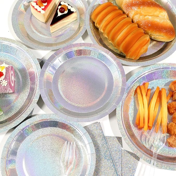 96 Pcs Iridescent Birthday Tableware Set Iridescent Party Supplies Decorations Holographic Foil Paper Plates and Napkins for Bachelorette Wedding Y2K Disco 24 Guest Birthday Party Favor