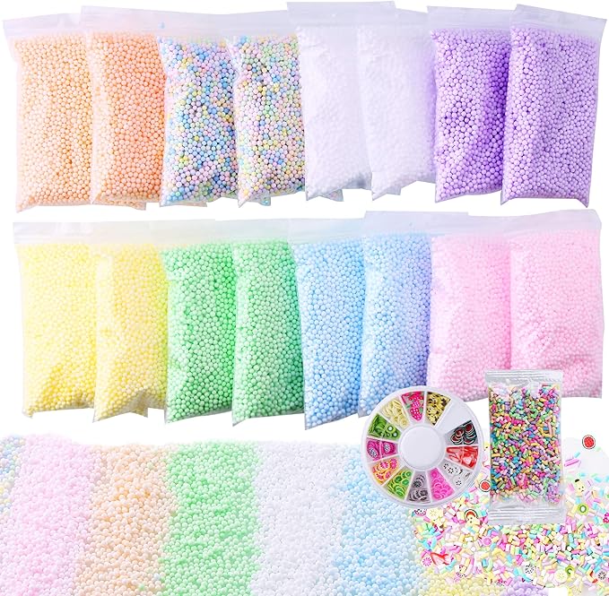 Slime Foam Beads Floam Balls – 18 Pack Pastel Microfoam Beads Kit 0.1-0.14 inch (90,000 Pcs) Micro Colors Rainbow Fruit Beads Craft Add ins Homemade DIY Kids Ingredients Flote Microbeads Supplies