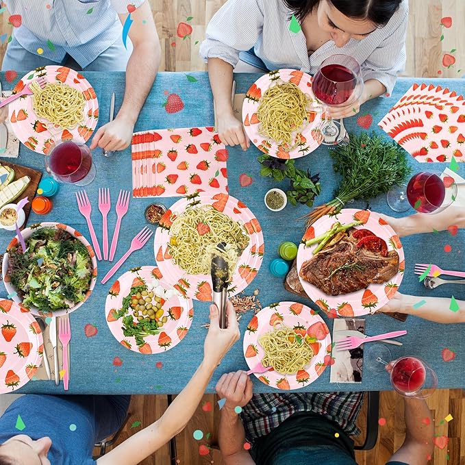 CANREVEL 96 PCS Strawberry Party Plates Serve 24, Strawberry Plates and Napkins Forks Set, Disposable Tableware for Birthday Party Supplies Decorations for Grils Kid Women Adult