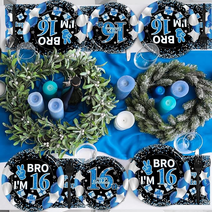 Qyeahkj 100 Pcs 16th Birthday Decorations for Boys Official Teen Supplies Plate Napkin Forks Set Disposable Blue 16th Birthday Tableware Paper Plates Dinnerware for Kids Teenager Favors Serve 25
