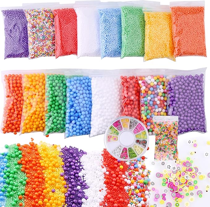 Slime Foam Beads Floam Balls – 18 Pack Microfoam Beads Kit 0.1-0.14 and 0.28-0.35 inch Colors Rainbow Fruit Beads Craft Add ins Homemade DIY Kids Ingredients Flome Styrofoam Supplies Big