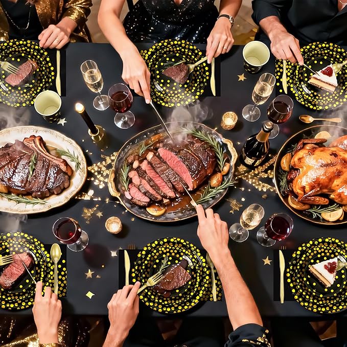 Black and Gold Dots Plates Set for 24 Guests,168PCS Disposable Dinnerware Party Supplies,Paper Plates Napkins Cups Gold Forks Knives Spoons for Birthday Graduation Retirement Anniversary Wedding Party