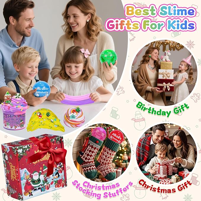 4 Pack Christmas Slime Balls with Charms, Christmas Stocking Stuffers for Kids, DIY Butter Slimes Sensory Toys, Slime Party Favors for Girls Boys, Halloween Xmas Gifts for Girls & Boys Kids Ages 4-12
