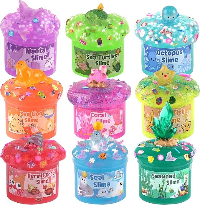 Ocean Glow in The Dark Slime Kit 9 Pack, with Deep Sea Slime Charms, Sensory DIY Rainbow Slime for Kids, Glow Party Favors for Girls & Boys, Halloween