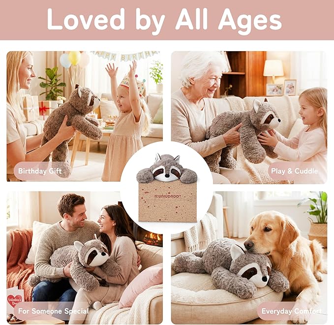 Niuniu Daddy Raccoon Weighted Stuffed Animals for Kids & Adults, 20" | 3.3lb Large Weighted Plushies Pillow for Sleeping and Calming, Cute Lying Plush Toy Huggable Gift for Everyday Comfort