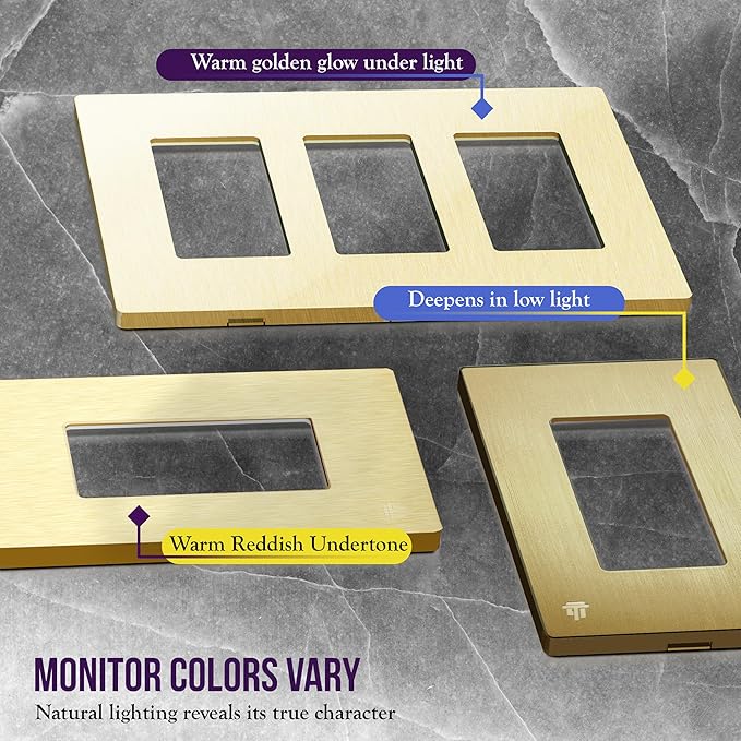 ENERLITES Elite Series Screwless Decorator Wall Plate Child Safe Outlet Cover, Gloss Finish, Size 1-Gang 4.68" H x 2.93" L, Unbreakable Polycarbonate Thermoplastic, SI8831-BGD, Brushed Gold