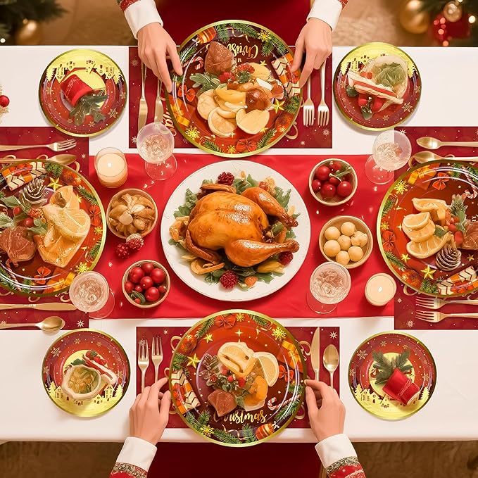 72PCS Christmas Plates and Napkins for Party Decorations, Set of 24 Merry Christmas Disposable Tableware Supplies, Red Gold Christma Tree Paper Plates for Xmas Party
