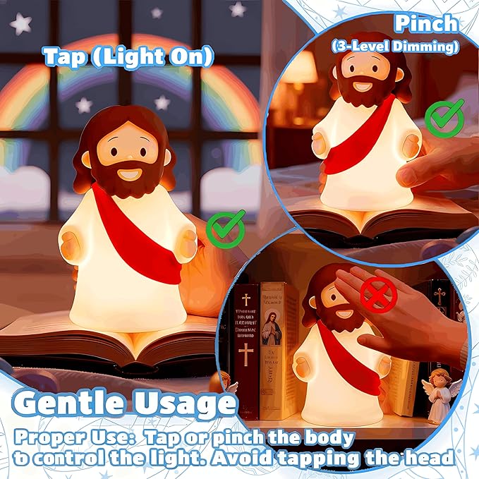 magical JD Little Jesus Night Light, Mini Silicone Jesus Lamp, Dimmable Rechargeable Touch Bedside Lamp for Nursery & Kids, Ideal Religious Gift for Christmas, Easter and Baptism (Red)